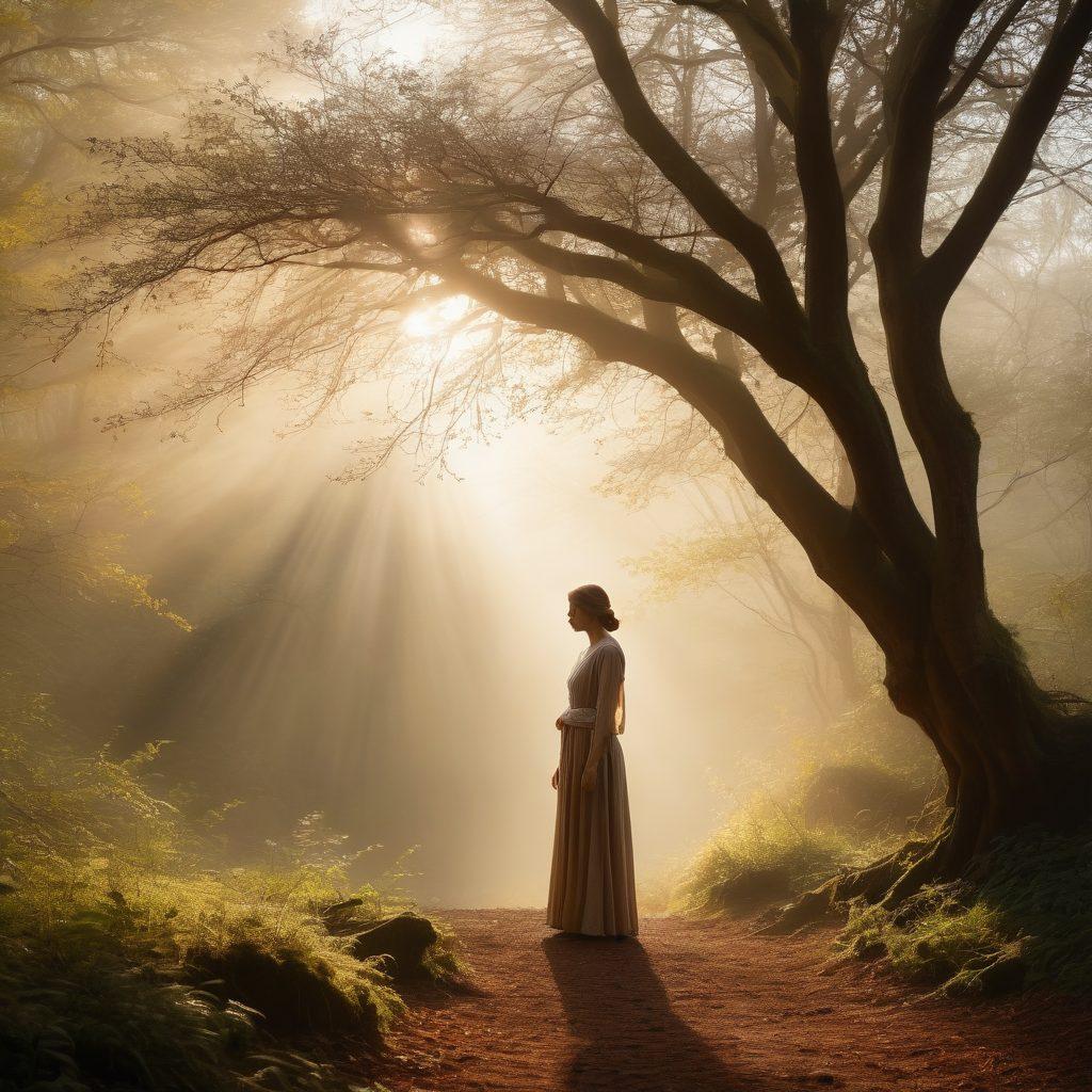 A contemplative figure standing on the edge of a misty forest, surrounded by soft shadows blending into warm light, symbolizing the contrast of melancholy and hope. Delicate, intertwining branches above creating a natural archway, with gentle beams of sunlight breaking through, illuminating the figure in a serene and reflective pose. A subtle, ethereal atmosphere enhancing the mood of introspection and support. soft focus. vibrant colors. 3D.