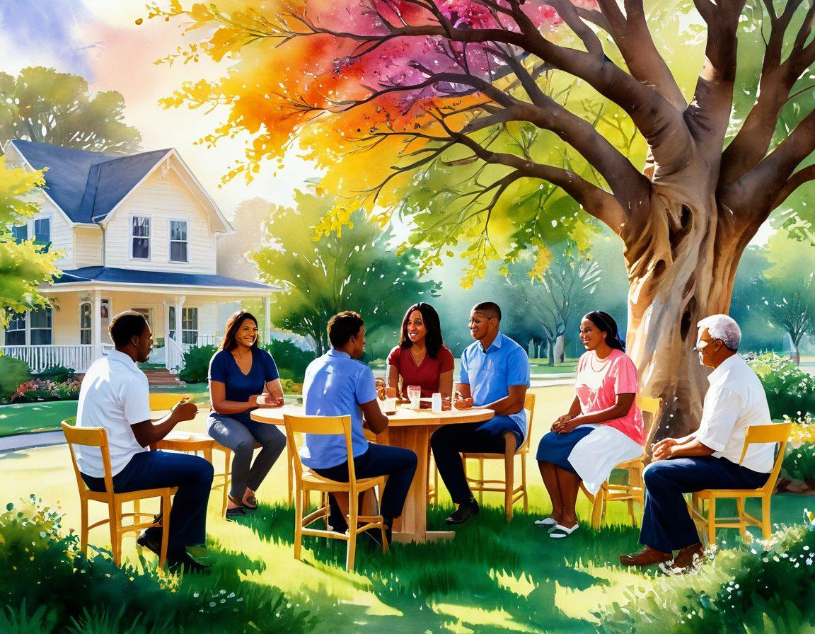 A warm and inviting community gathering, showcasing diverse individuals engaged in supportive conversations, under soft, glowing light. In the background, symbols of hope like a blooming tree and sun rays breaking through clouds, embodying transformation and healing. The atmosphere is filled with a sense of connection and optimism. watercolor painting. vibrant colors. soft textures.