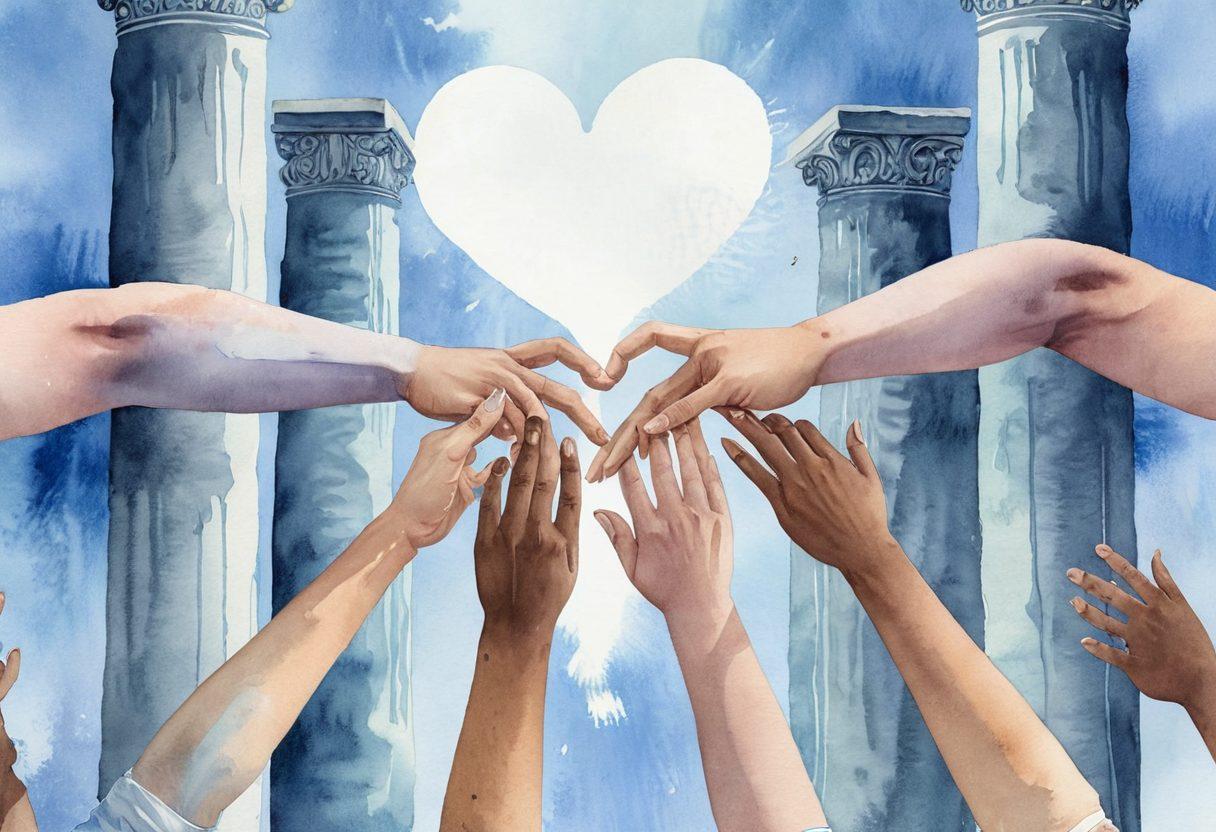 A soothing illustration depicting diverse individuals reaching out to each other, surrounded by symbolic pillars representing strength and support, with soft blue tones to evoke a sense of calm. Incorporate elements like hearts, hands, and whispers of encouragement, under a gentle sky. Emphasize connection and community. watercolor style. soft pastel colors. warm light.